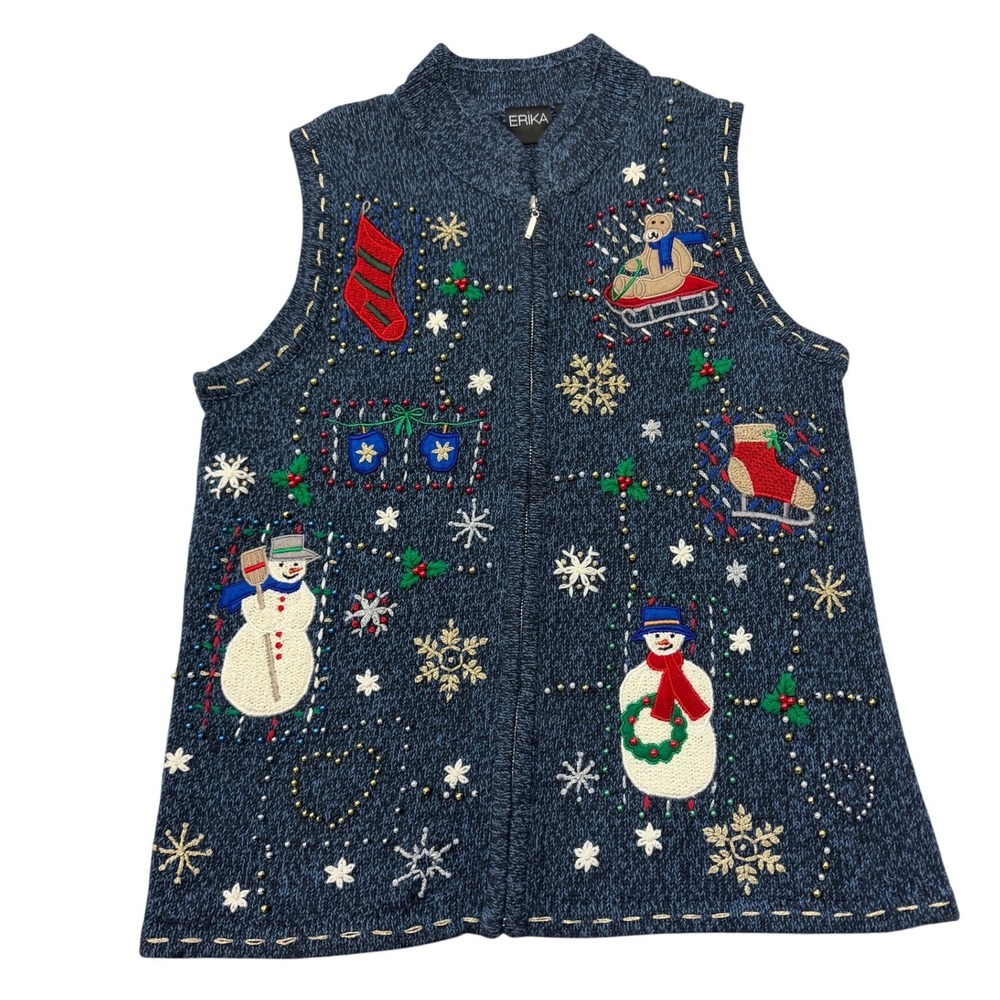 Erika Womens Blue Christmas Grannycore Sweater Vest‎ Zip Up Ugly Sweater Size S